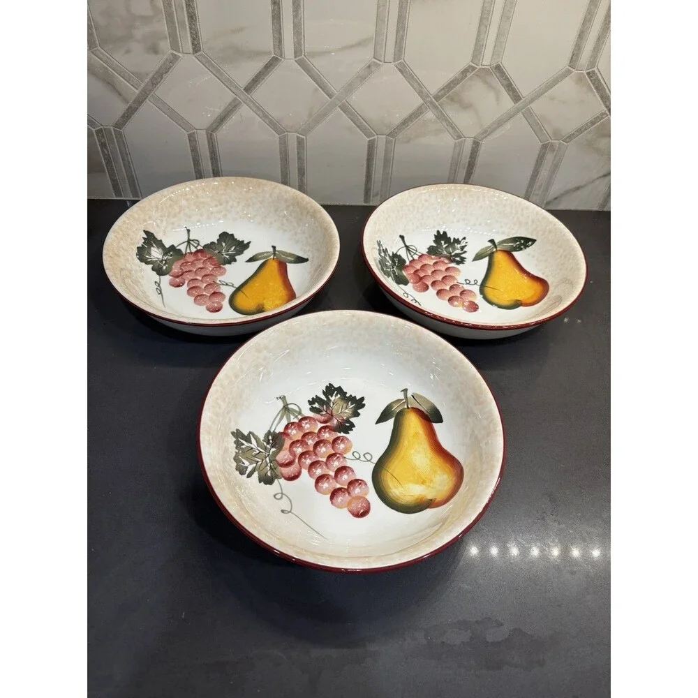 Pier 1 Imports Set Of Three (3) Bowls Dolomite Hand Painted Fruit Pears & Grapes